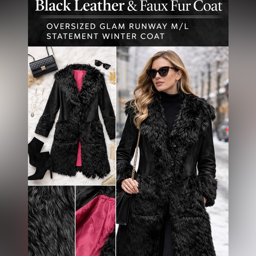 Black Fur Leather Chic Layering Coat M/L NWT High End Designer Statement Luxury - Picture 2 of 14